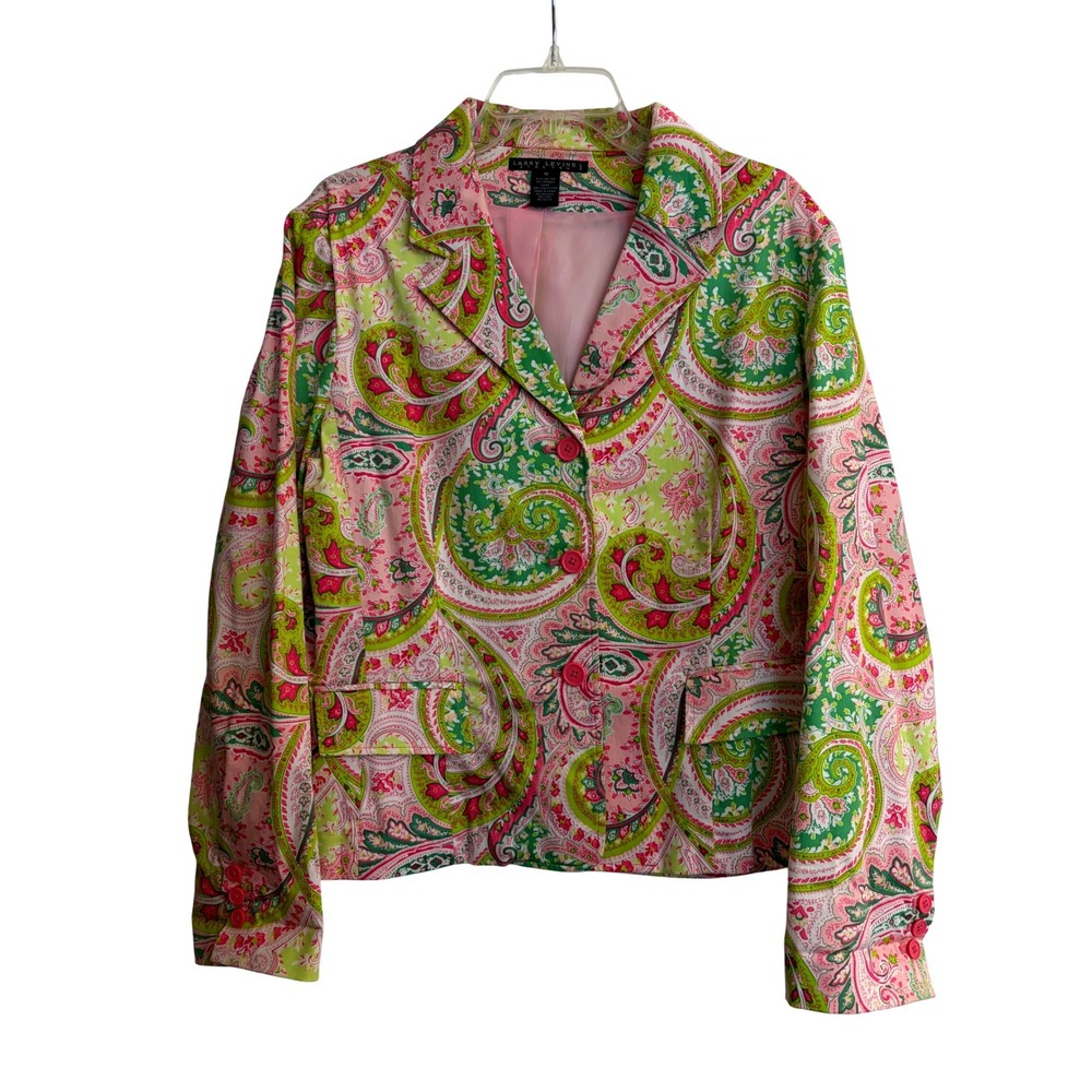 Larry Levine Paisley Stretch Blazer 16 Pink Green Floral, Preppy, Spring, Office